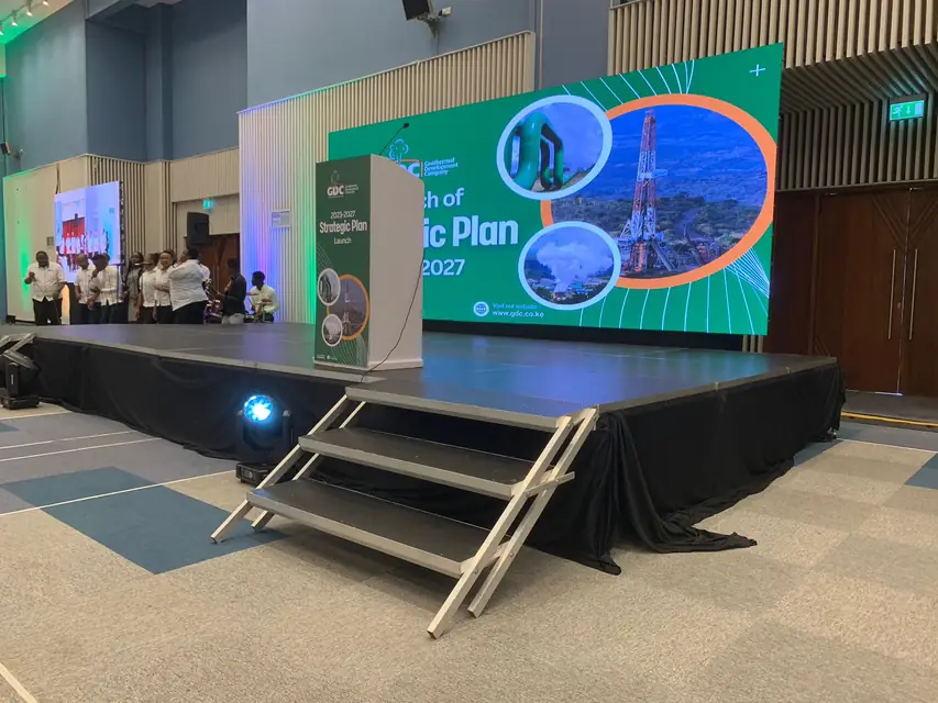 Stage and LED screen set up for a conference