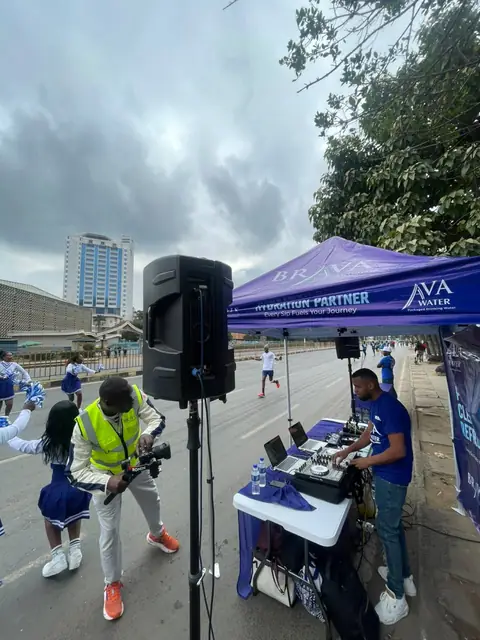 Sound system and DJ station at the roadside during the Nairobi City Marathon